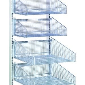 The Quantum Partition Wall Starter Unit is a mobile, single-sided storage rack measuring 18W x 26D x 74H, with eight angled metal mesh baskets in white and chrome. It includes four black caster wheels for easy mobility.