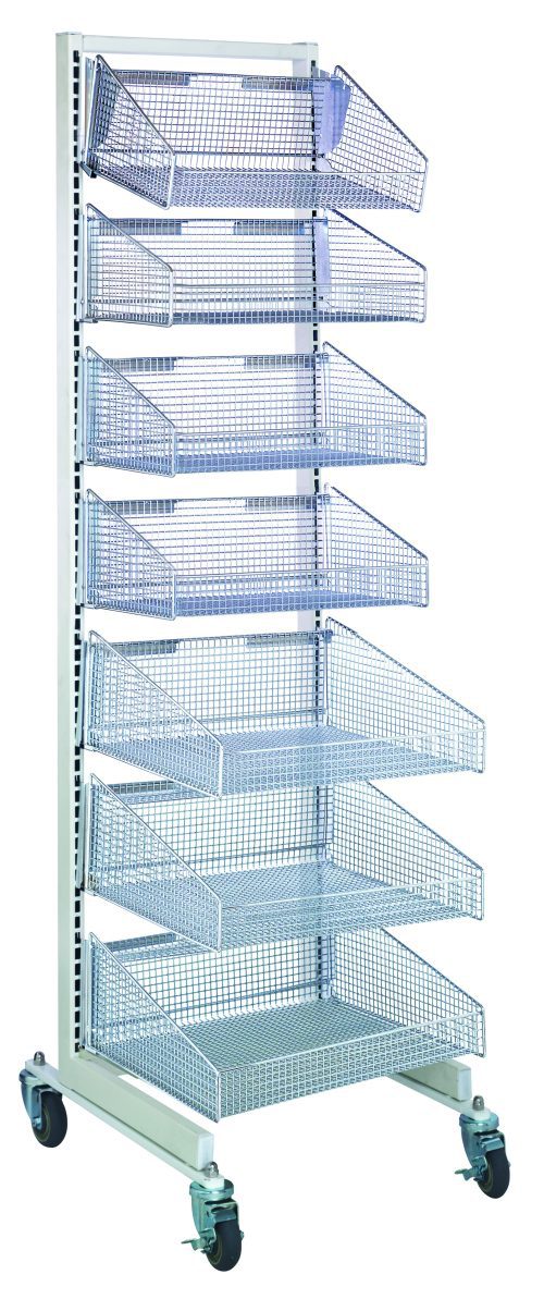 WS70-SS18-4S3L.jpg The Quantum Partition Wall Starter Unit is a mobile, single-sided storage rack measuring 18W x 26D x 74H, with eight angled metal mesh baskets in white and chrome. It includes four black caster wheels for easy mobility.