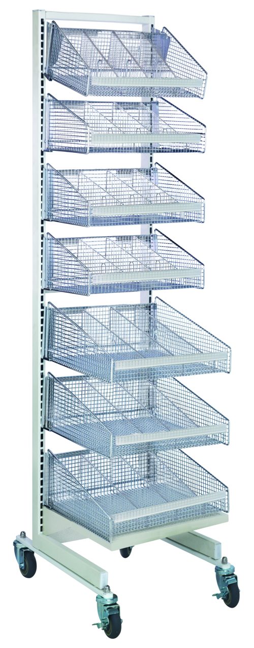 WS70-SS18-4S3L_DIV.jpg The Quantum Partition Wall Starter Unit is a mobile, single-sided metal rack measuring 18W x 26D x 74H. It includes eight wire mesh baskets mounted vertically on four wheels, each basket open at the top and tilted forward for easy access, with (4) 1017HBC with (6) dividers and (3) 1617HBC with (5) dividers.