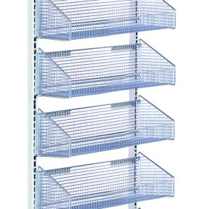 The Quantum Partition Wall Starter Unit (18W x 26D x 74H) combines mobility with style, featuring a sturdy frame on caster wheels and seven slanted wire mesh baskets in a white and chrome finish, making it perfect for versatile storage needs.