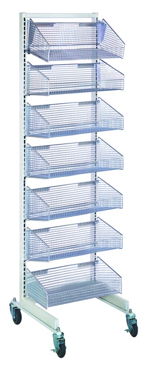 WS70-SS18-7S.jpg The Quantum Partition Wall Starter Unit (18W x 26D x 74H) combines mobility with style, featuring a sturdy frame on caster wheels and seven slanted wire mesh baskets in a white and chrome finish, making it perfect for versatile storage needs.