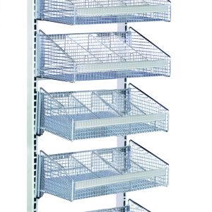 The Quantum Partition Wall Starter Unit, a mobile single-sided rack with an 18W x 26D x 74H frame, features a white and chrome finish. It includes seven mesh wire baskets and ten dividers, ideal for organizing or displaying items with functional, industrial charm.