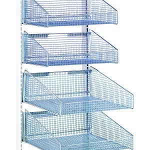 A single-sided Quantum Partition Wall Add-On Unit with slanted baskets in metallic gray, white, and chrome. The 18W x 26D x 74H frame has four casters for easy mobility, including two with brakes.