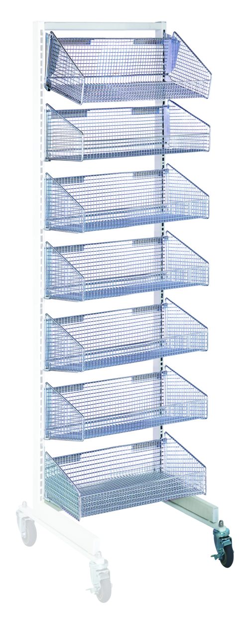 The Quantum Partition Wall Add-On Unit is a tall, mobile, single-sided storage rack in a white and chrome finish, featuring seven blue wire baskets vertically arranged. It has four wheels (two with brakes), and each basket is slightly tilted for easy access to essentials.