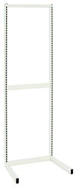 The Quantum Partition Wall Starter Unit is single-sided, measuring 18W x 26D x 70H. It features a white metal frame with adjustable holes, a sleek finish, upright with two legs for support, and includes two uprights and three tie-bars for displaying objects.