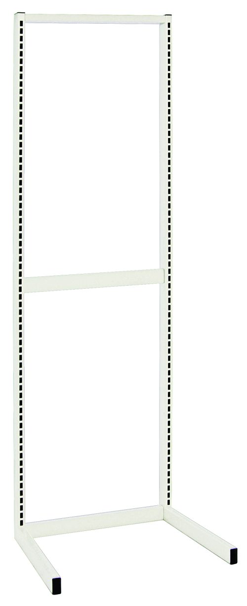 The Quantum Partition Wall Starter Unit is single-sided, measuring 18W x 26D x 70H. It features a white metal frame with adjustable holes, a sleek finish, upright with two legs for support, and includes two uprights and three tie-bars for displaying objects.