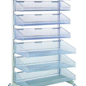 The Quantum Partition Wall Starter Unit is a mobile, single-sided shelving unit, 36W x 26D x 74H, featuring a white and chrome finish with four wheels. It includes four 1035Hbc and three 1635Hbc mesh baskets made of metal for organized storage.