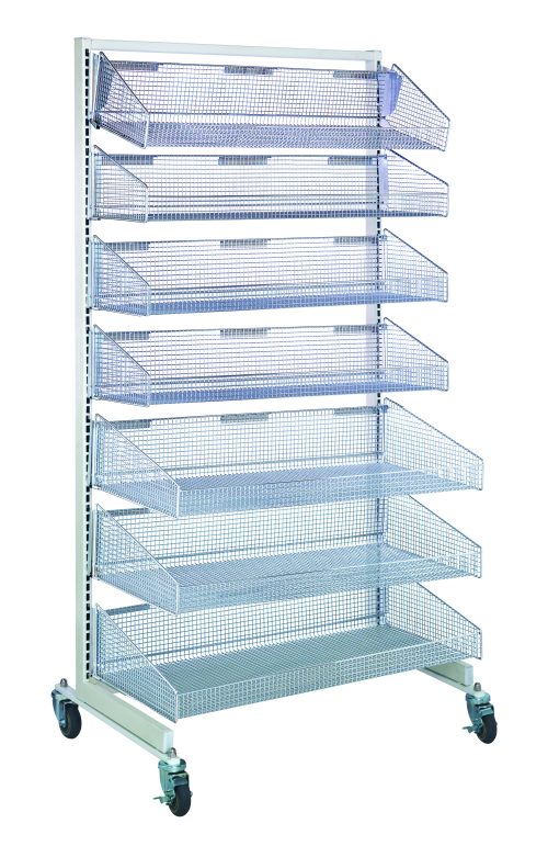 The Quantum Partition Wall Starter Unit is a mobile, single-sided shelving unit, 36W x 26D x 74H, featuring a white and chrome finish with four wheels. It includes four 1035Hbc and three 1635Hbc mesh baskets made of metal for organized storage.