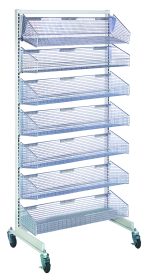 The Quantum Partition Wall Starter Unit is a mobile, single-sided storage rack measuring 36W x 26D x 74H. It features seven vertically arranged 1035HBC baskets in white with blue mesh and sits on four caster wheels, ideal for organizing items.