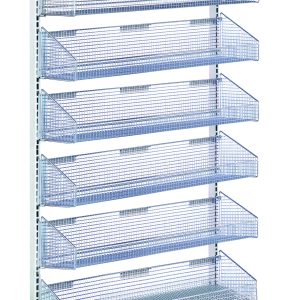 The Quantum Partition Wall Starter Unit is a mobile, single-sided storage rack measuring 36W x 26D x 74H. It features seven vertically arranged 1035HBC baskets in white with blue mesh and sits on four caster wheels, ideal for organizing items.