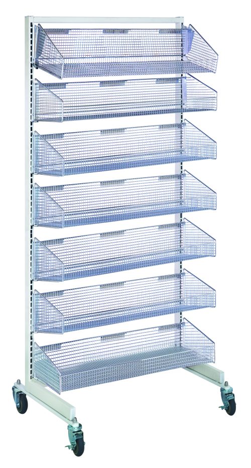The Quantum Partition Wall Starter Unit is a mobile, single-sided storage rack measuring 36W x 26D x 74H. It features seven vertically arranged 1035HBC baskets in white with blue mesh and sits on four caster wheels, ideal for organizing items.