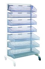 The Quantum Partition Wall Add-On Unit is a 74 tall mobile rack with a white and chrome finish, featuring eight slanted blue wire mesh baskets including four 1035HBC and three 1635HBC. Its wheels ensure easy mobility.