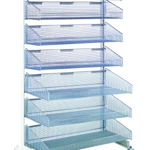 The Quantum Partition Wall Add-On Unit is a 74 tall mobile rack with a white and chrome finish, featuring eight slanted blue wire mesh baskets including four 1035HBC and three 1635HBC. Its wheels ensure easy mobility.