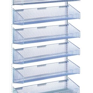 The Quantum Partition Wall Add-On Unit is a tall, mobile, single-sided rack with a white and chrome finish. It measures 36W x 26D x 74H and features seven vertically stacked blue-tinted mesh baskets (1035Hbc), perfect for storage or display. Its base has four wheels for easy movement.