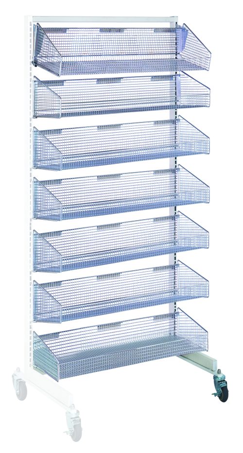The Quantum Partition Wall Add-On Unit is a tall, mobile, single-sided rack with a white and chrome finish. It measures 36W x 26D x 74H and features seven vertically stacked blue-tinted mesh baskets (1035Hbc), perfect for storage or display. Its base has four wheels for easy movement.