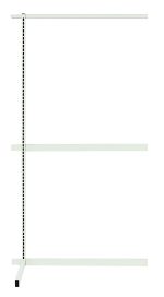 The Quantum Partition Wall Add-On Unit is a sleek adjustable shelving frame with a white finish, featuring (1) upright, (3) tie-bars, and two horizontal supports. It includes evenly spaced holes for shelf adjustments and measures 36W x 26D x 70H against a plain white background.