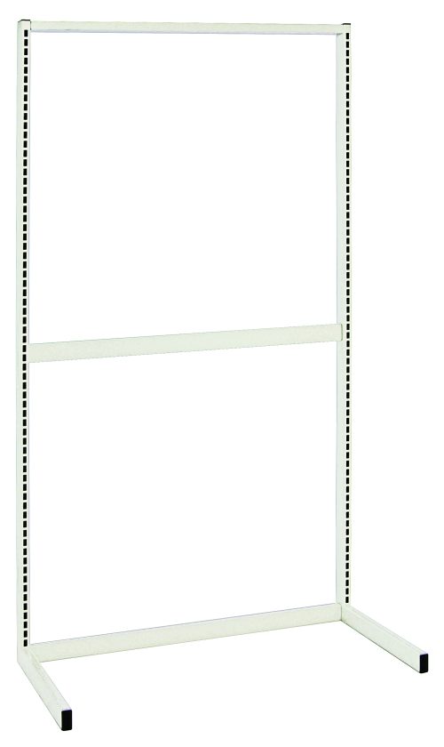 The Quantum Partition Wall Starter Unit is a freestanding display rack, measuring 36W x 26D x 70H, with a minimalist design. It includes two upright posts and three tie-bars, standing on flat legs for support and featuring a sleek white finish.