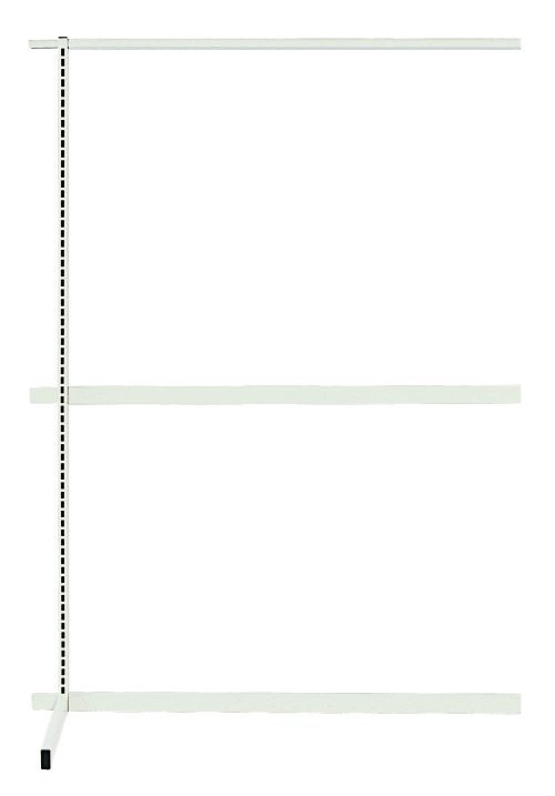 An L-shaped shelving bracket with evenly spaced holes on the vertical section and outward horizontal arms features a minimalist industrial design in a sleek white finish, ideal for use with the Quantum Partition Wall Add-On Unit, Single Sided, 48W X 26D X 70H against a plain white background.