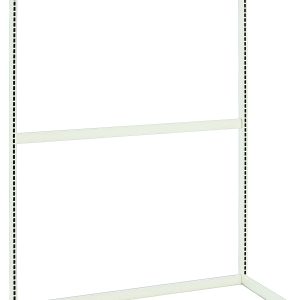 The Quantum Partition Wall Starter Unit is a single-sided metal frame in a sleek white finish, measuring 48W x 26D x 70H. It includes two uprights and three tie-bars, featuring two vertical perforated bars and a horizontal support bar at the top, ideal for shelves or attachments.