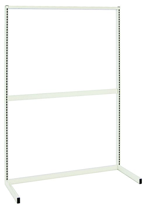WS70-SS48HC.jpg The Quantum Partition Wall Starter Unit is a single-sided metal frame in a sleek white finish, measuring 48W x 26D x 70H. It includes two uprights and three tie-bars, featuring two vertical perforated bars and a horizontal support bar at the top, ideal for shelves or attachments.