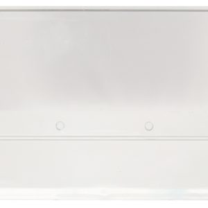 The Quantum Clear Window for QUS976 is a transparent plastic, rectangular shelf label holder with circular indentations and a label flap, made in the USA. It comes in a convenient pack of 1 against a white background.