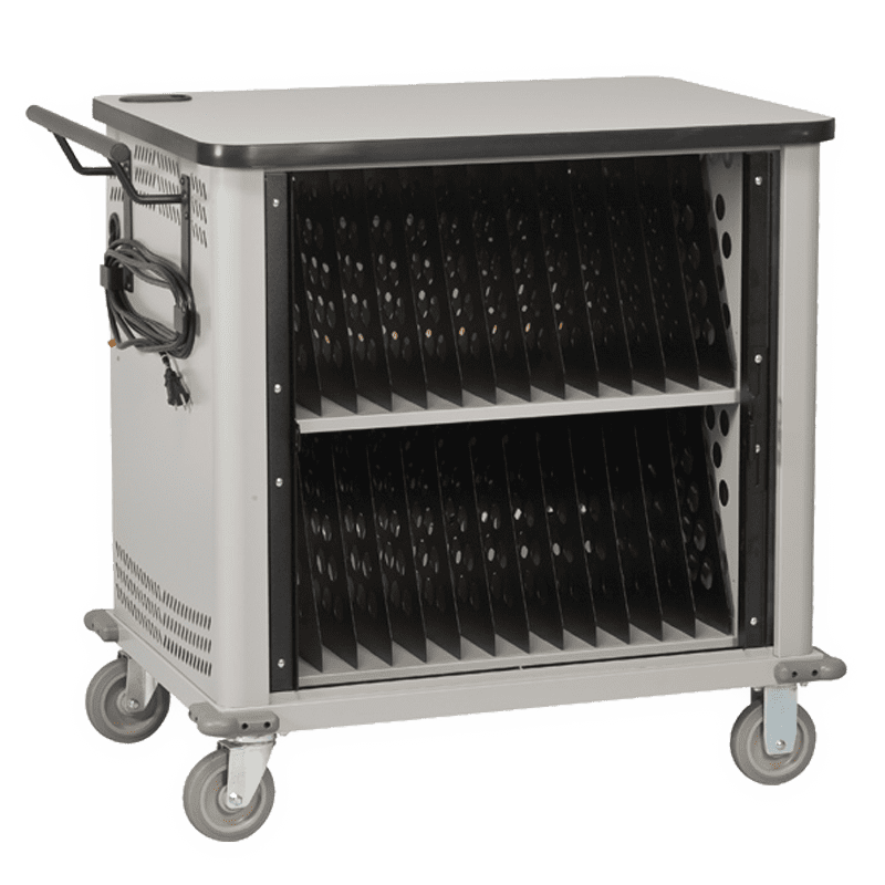 A wheeled charging cart with a black top and white sides, featuring multiple vertical slots for storing and charging laptops or tablets, is an ideal storage system for any application.