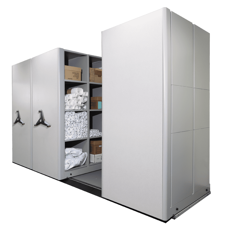 A large, gray, metal storage unit with three compartments and two crank handles seamlessly integrates into storage systems for any applications. The open section reveals shelves stocked with rolls of various materials and brown boxes.