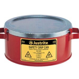The red Justrite safety drip can, with a metal lid and side handles, offers efficient spill control. Its front features a yellow label detailing safety information and capacity, ensuring reliable secondary containment for hazardous liquids.