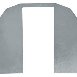 The Quantum Track End Plates, NSF certified and Made in the USA (Set of 4), feature a flat metallic bracket with a rectangular cutout in the center, slanted top edge, and two symmetrically placed circular holes near the top. They have a smooth reflective surface and include hardware for easy installation.