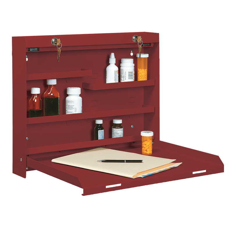 A red metal cabinet, a versatile storage system for any application, features dual locks. Inside, shelves hold various medicine bottles and pill containers. The drop-down door acts as a writing surface, complete with a yellow folder and pen, blending utility with organization.