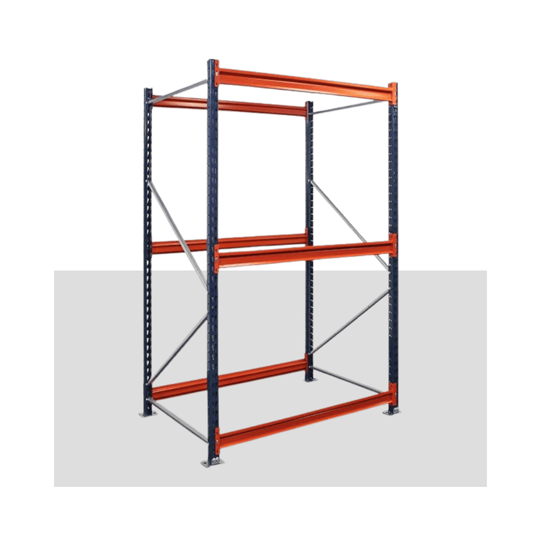 Interlake teardrop pallet rack bay with green uprights and orange beams
