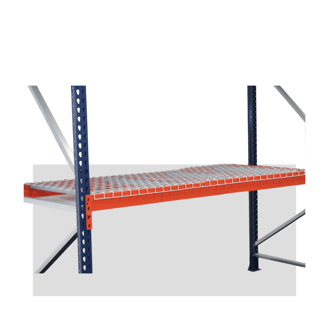 Pallet rack beam pair fitted with welded wire mesh decking on an upright frame