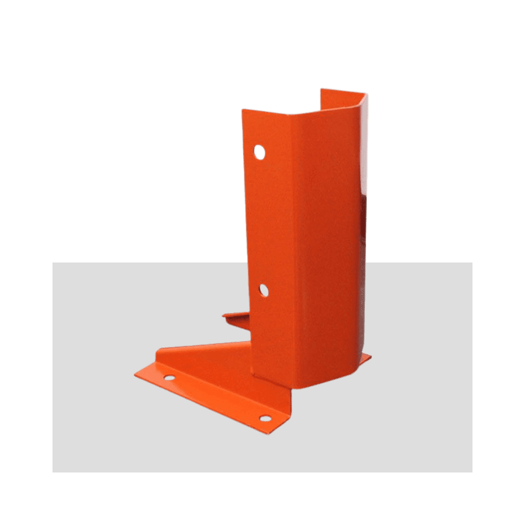 Orange bolt-down pallet rack column protector that shields an upright from forklift impact