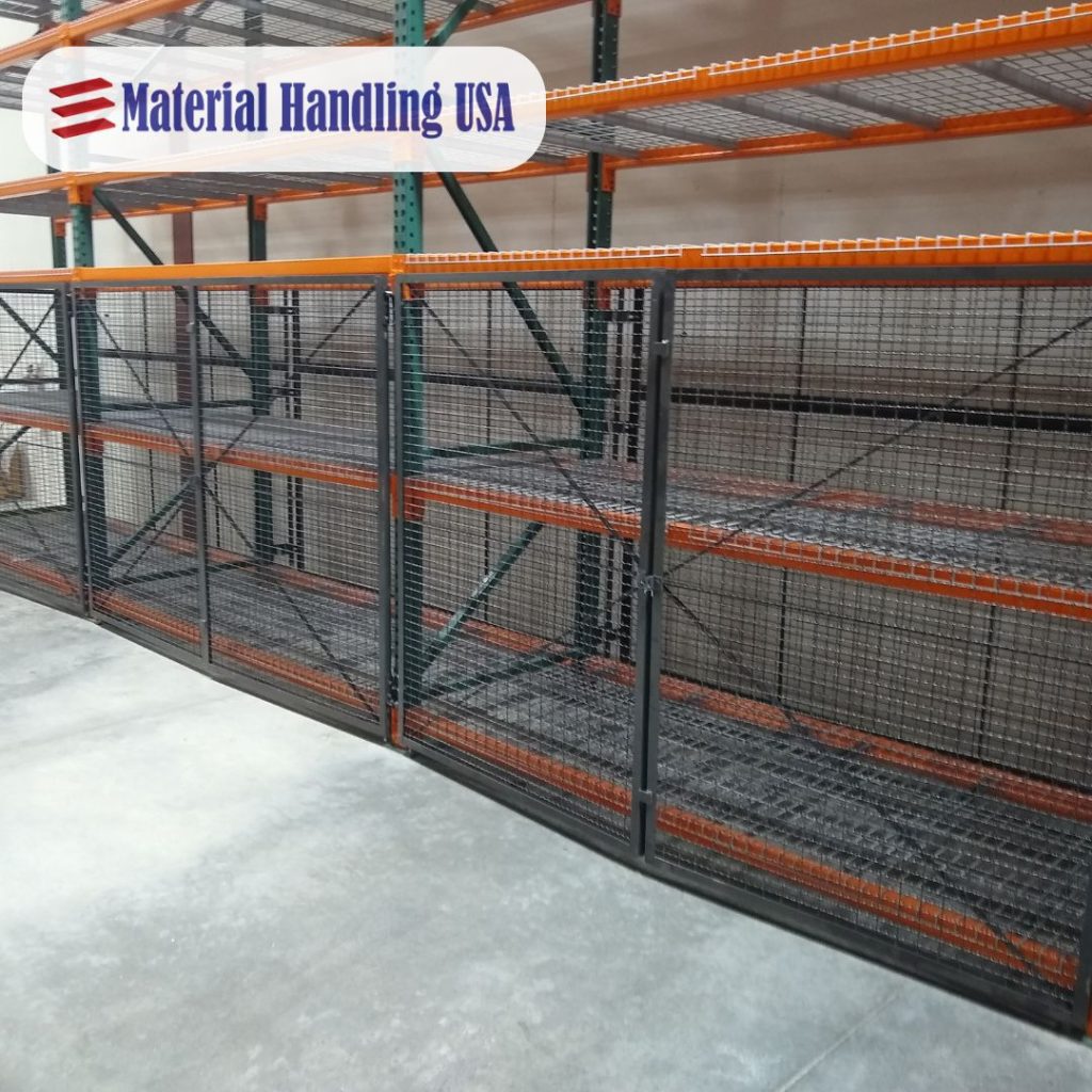 Industrial storage racks with wire mesh doors are featured in a warehouse setting. The sturdy structure, framed in orange and green, ensures safety with integrated pallet rack backing. The Material Handling USA logo is prominently displayed in the top left corner.