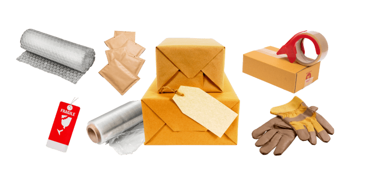 Images of boxes, tape, envelopes, labels, tags, gloves, and Wholesale Shipping Supplies.