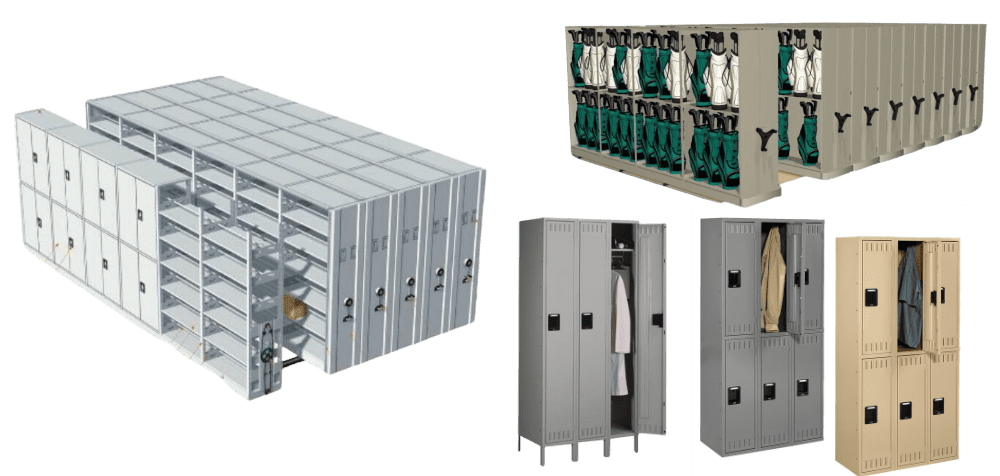 A collection of various storage lockers and shelving units, perfect for athletic storage needs. The image features large metal racks and clothing lockers in different configurations and colors, such as gray and beige. Some lockers showcase garments inside, ideal for organizing sports equipment.