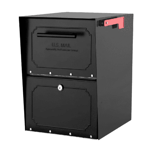 A black, secure mailbox with a top slot labeled U.S. MAIL and a lockable bottom compartment offers peace of mind. A red flag on the side signals mail delivery or pick-up, making it an essential guide to mailboxes with both security and functionality in one neat package.