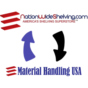 A rebranding graphic showing the transition from "NationWide Shelving" to "Material Handling USA." At the top, the "NationWide Shelving" logo is displayed in red and blue with the tagline "America’s Shelving Superstore." Below, a curved blue arrow points downward to the "Material Handling USA" logo in bold blue text with red shelving icon elements, symbolizing the name change. The image visually represents the company’s transition to its new brand identity.