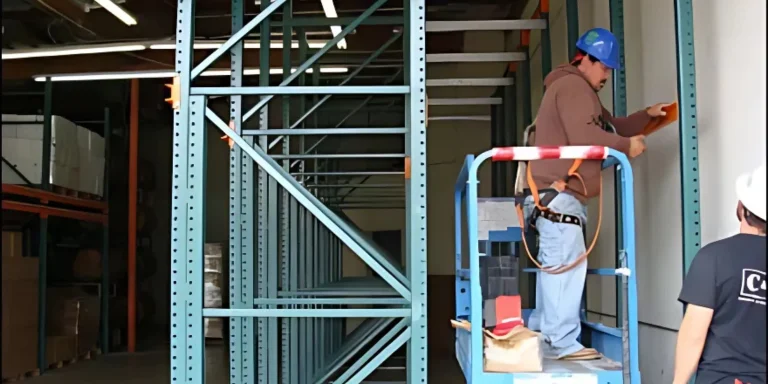Workers installing and inspecting a pallet racking system on a scissor lift