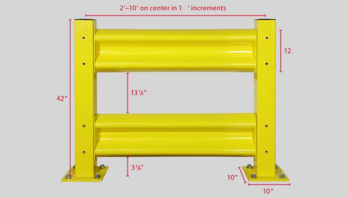 A yellow industrial guard rail with dimensions marked: 42 inches tall, 10 inches wide at the base, and two beams spaced 13 3/4 inches apart. The top beam is adjustable, set at 2-10 on center with 1-inch increments.