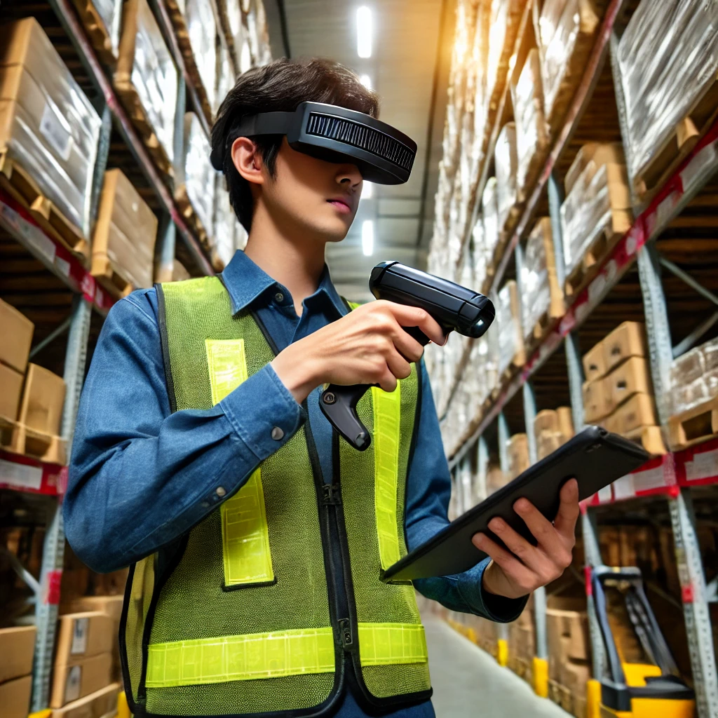 A person wearing a VR headset and reflective vest efficiently uses a barcode scanner and tablet in a warehouse aisle. Stacks of cardboard boxes are on shelves, illuminated by overhead lights, demonstrating how technology enhancing warehouse efficiency