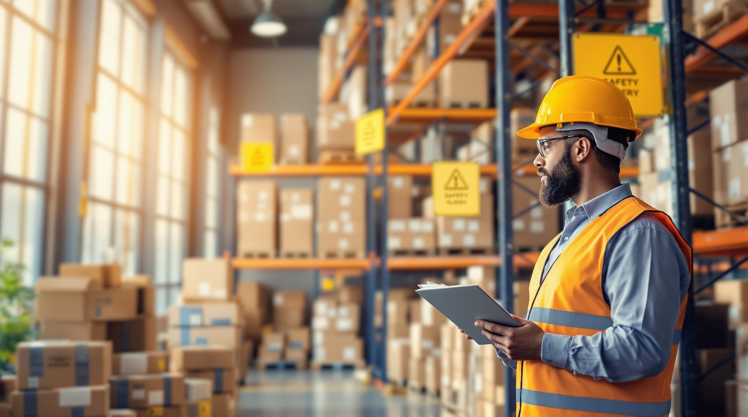 A man wearing a hard hat and reflective vest stands in a warehouse, holding a clipboard. He is observing stacked shelves filled with boxes. Sunlight streams in from large windows, illuminating the industrial setting.