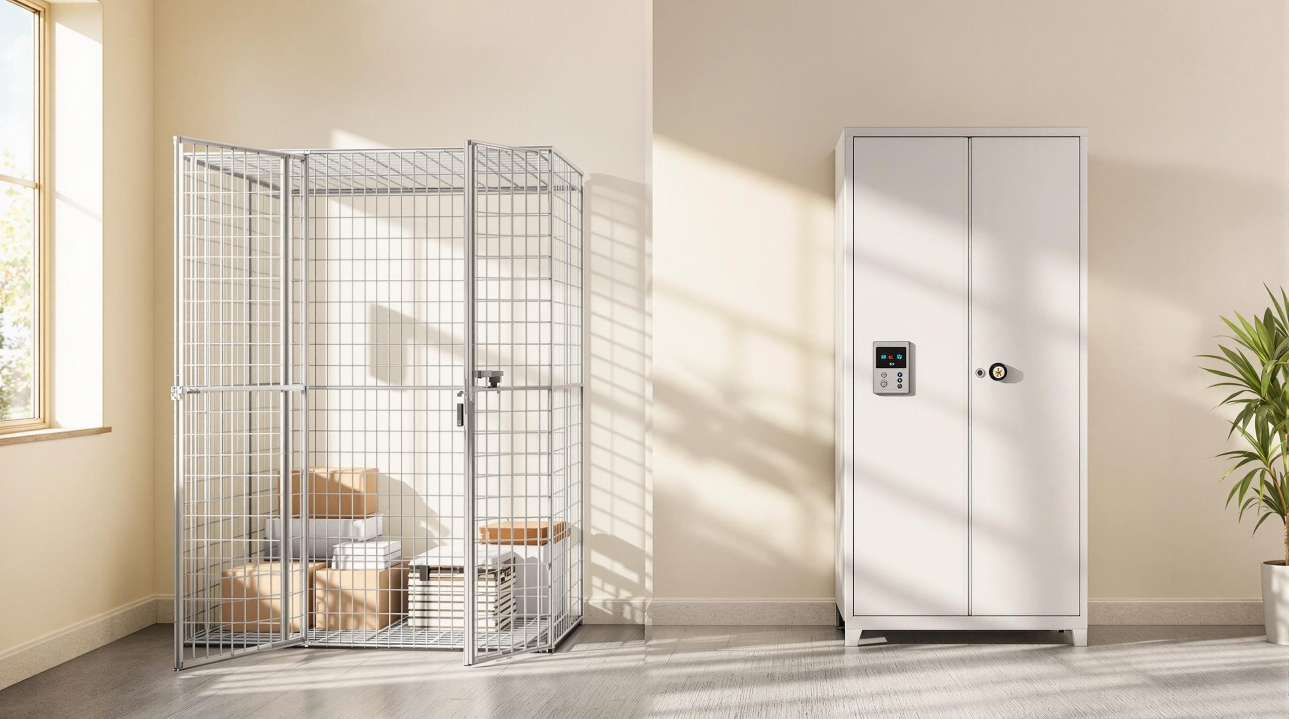 A bright room with a large window on the left. There is a wire cage containing packages and a wooden crate. Beside it stands a tall, white metal cabinet with a keypad and security lock. A potted plant is on the right.