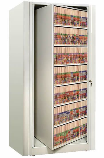 A tall, open cabinet with sleek office shelving houses organized, colorful file folders on multiple shelves. Each folder is labeled with color-coded tags, showcasing a precise system for sorting or categorizing the files.