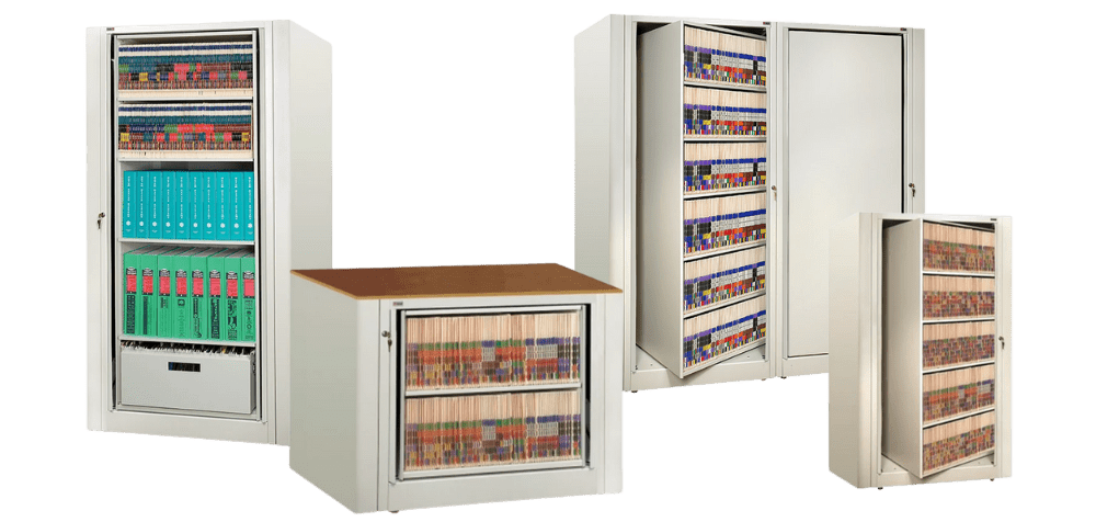 Four filing cabinets of varying sizes=