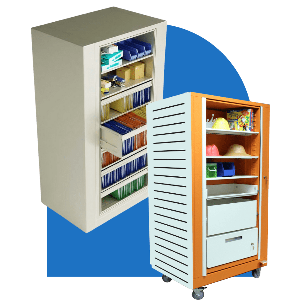 Two storage cabinets are shown. The one on the left is beige with open shelves holding small bins and folders. The one on the right is mobile with an orange border and contains shelves with various colored items.