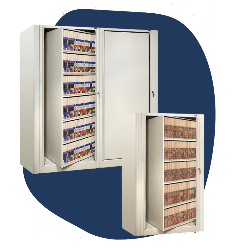Two beige sliding storage cabinets with colorful folders on shelves. One large cabinet is open, showing organized files, and a smaller one is also open in the foreground. The background is a simple dark blue shape.