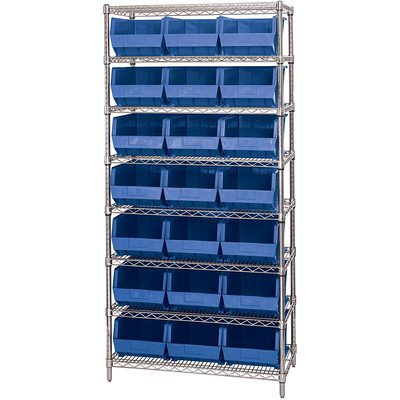 A metal tailored metro shelving solutions unit with eight shelves, each holding four blue plastic storage bins, offers a tailored shelving solution. The evenly spaced shelves and bins are set against a plain white background.