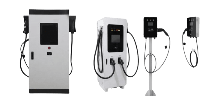 Various models of electric vehicle charging stations are displayed side by side against a white background. Perfect for 3PL staff, these stations vary in size and shape, with cords and connectors visible.