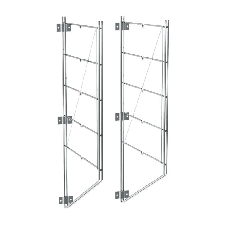 Two symmetrical metal trellis panels with a grid design, featuring brackets for wall attachment, offer tailored shelving solutions. The panels are shown side by side, positioned vertically, with hinges at one end of each panel.